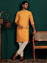 Patel Orange Delux Cotton Straight Kurta with Embroidered Neck