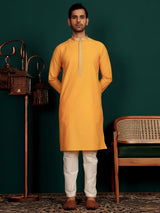 Patel Orange Delux Cotton Straight Kurta with Embroidered Neck