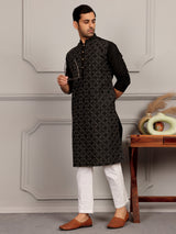 Black Embroidered Cotton Straight Kurta