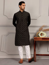 Black Embroidered Cotton Straight Kurta