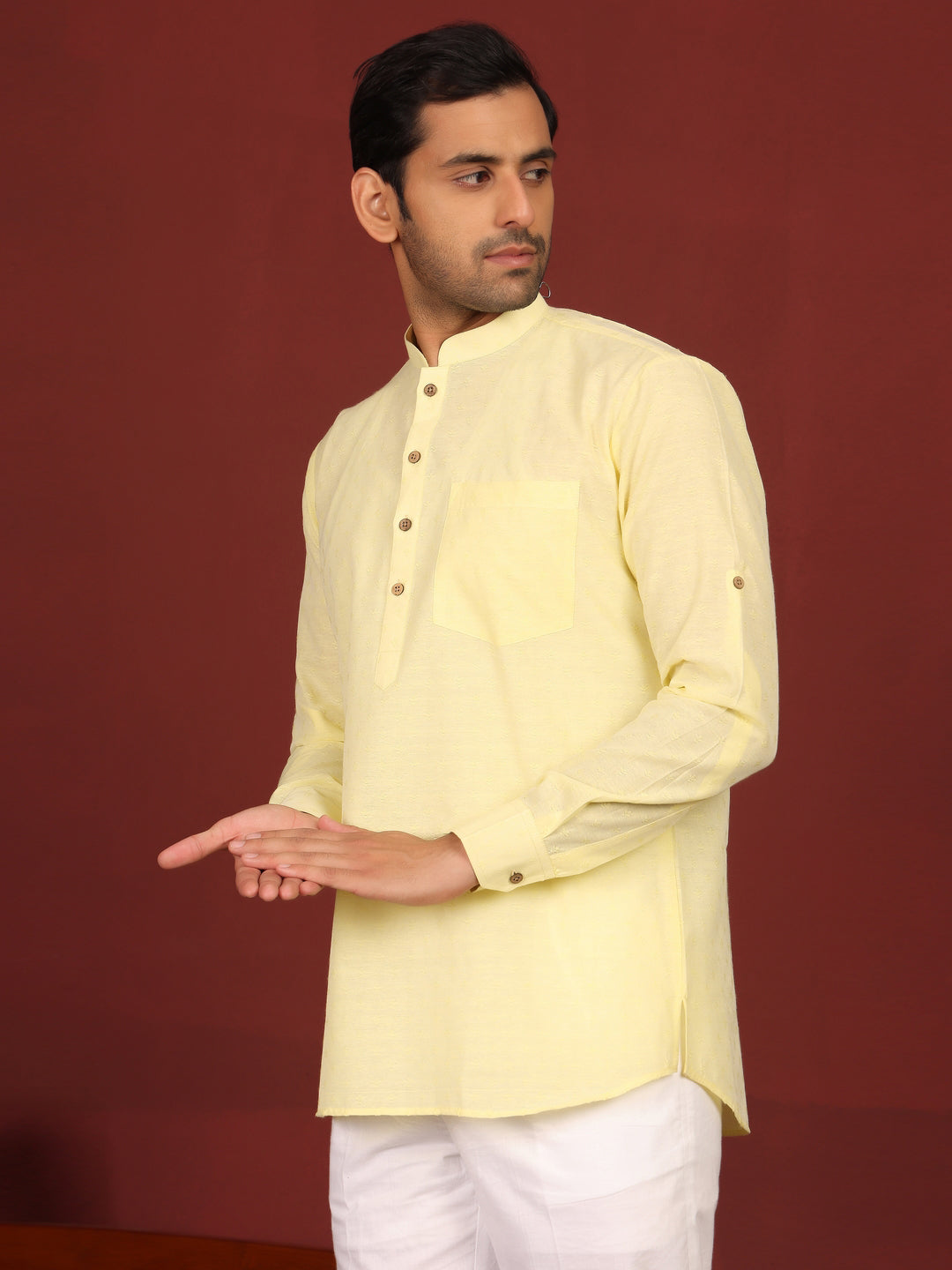 Yellow Self Design Cotton Short Kurta