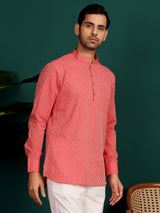 Carrot Red Self Design Cotton Short Kurta