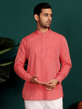 Carrot Red Self Design Cotton Short Kurta
