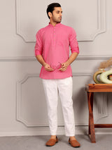 Pink Self Design Cotton Short Kurta