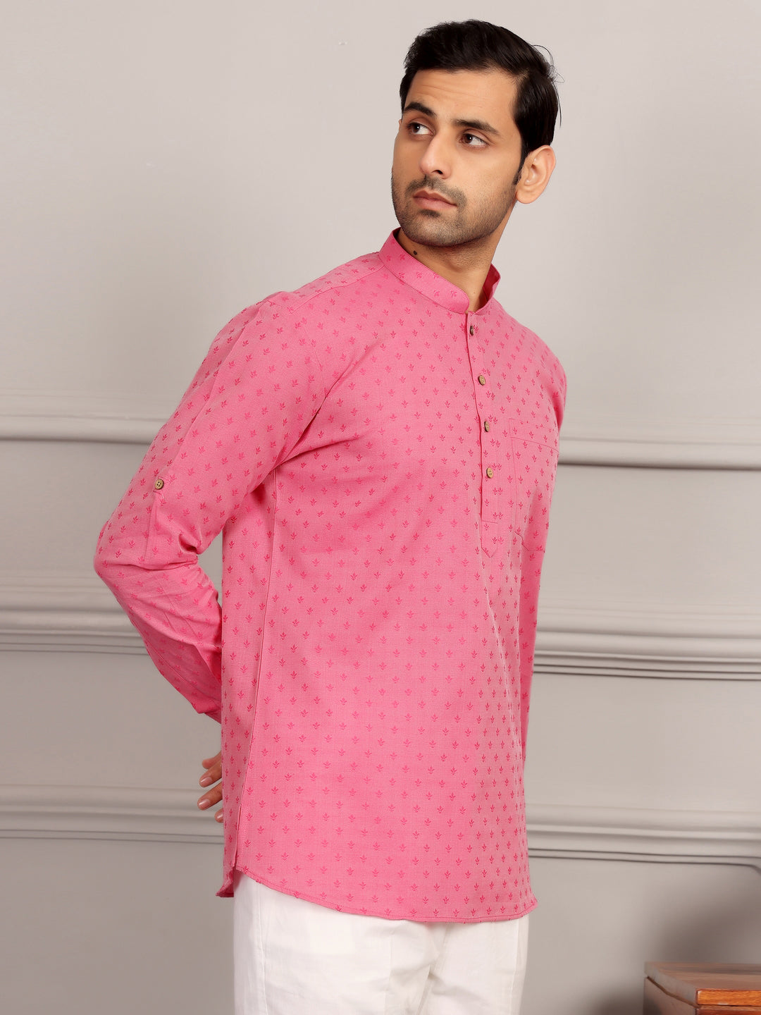 Pink Self Design Cotton Short Kurta