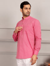 Pink Self Design Cotton Short Kurta