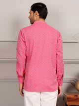 Pink Self Design Cotton Short Kurta