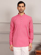 Pink Self Design Cotton Short Kurta
