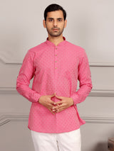 Pink Self Design Cotton Short Kurta