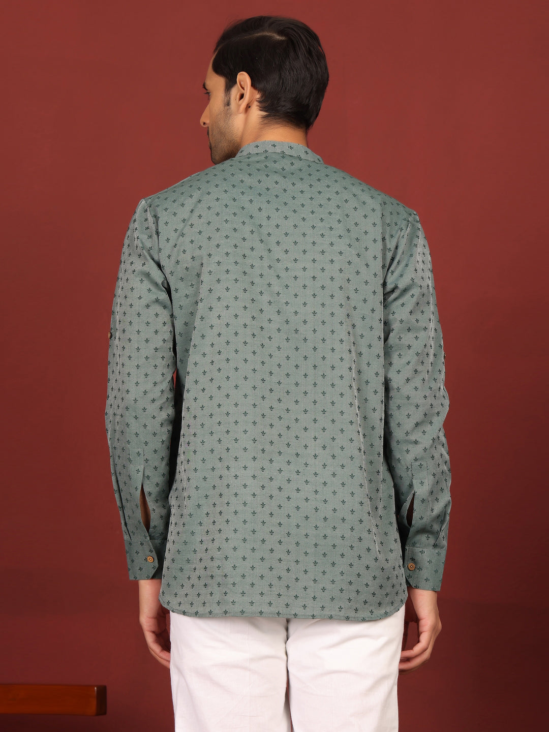Green Self Design Cotton Short Kurta