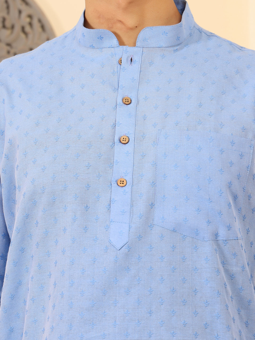 Light Blue Self Design Cotton Short Kurta