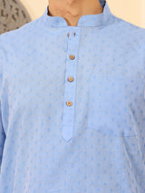 Light Blue Self Design Cotton Short Kurta