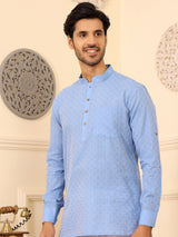 Light Blue Self Design Cotton Short Kurta