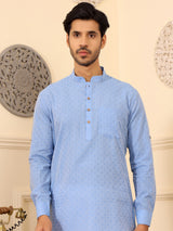 Light Blue Self Design Cotton Short Kurta