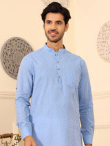 Light Blue Self Design Cotton Short Kurta