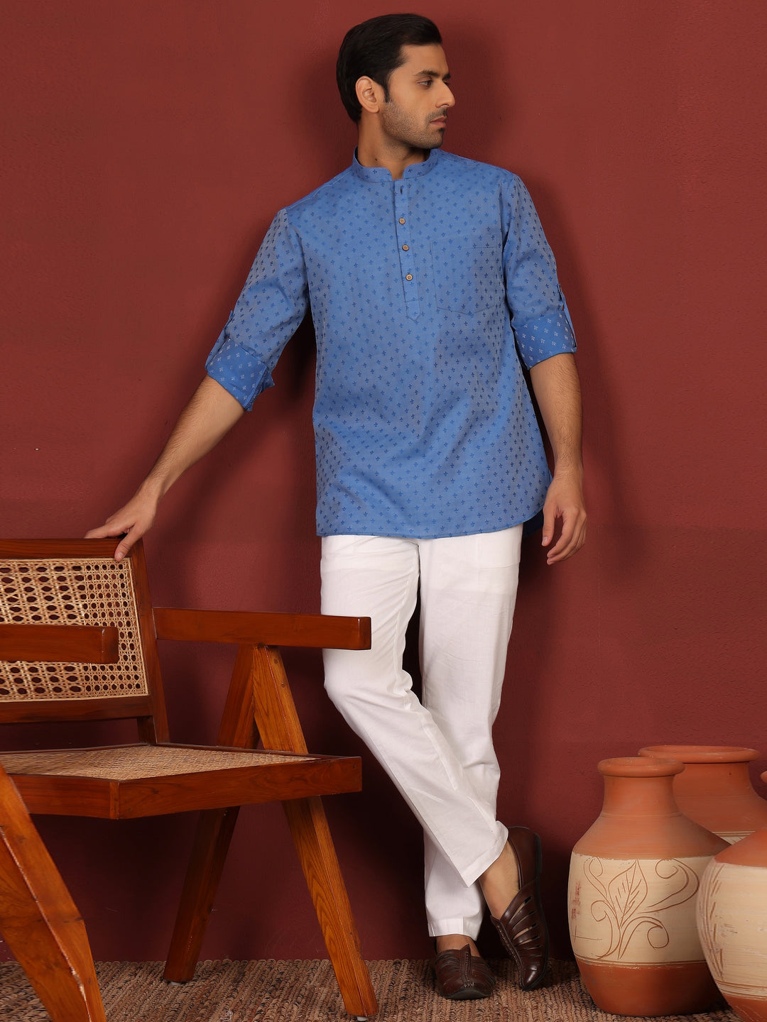 Blue Self Design Cotton Short Kurta