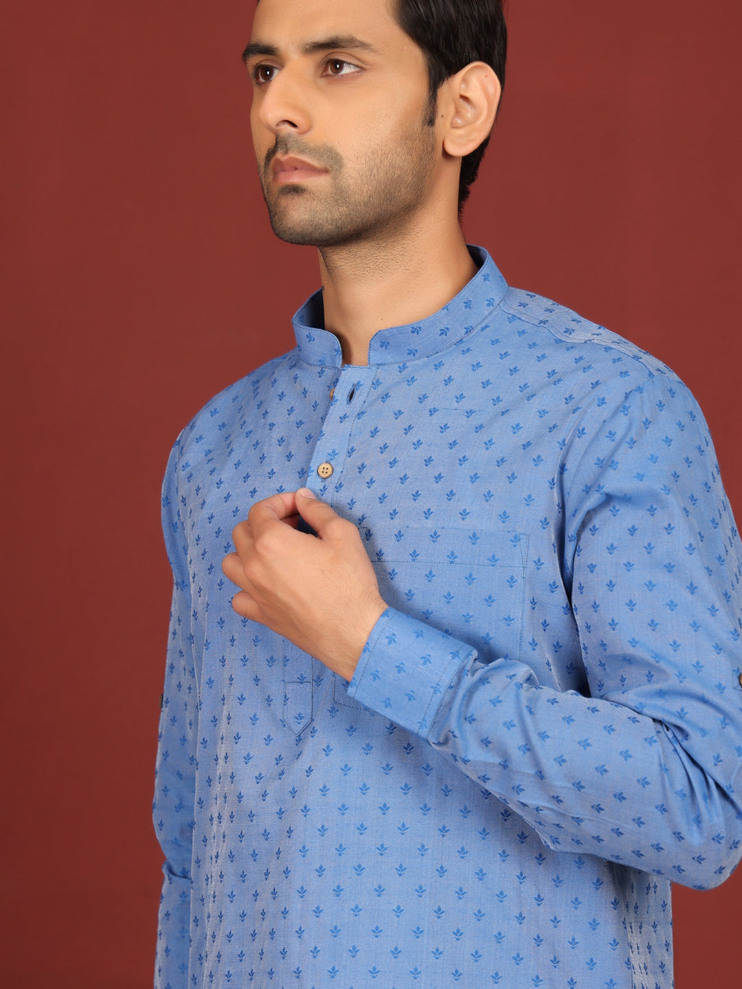 Blue Self Design Cotton Short Kurta