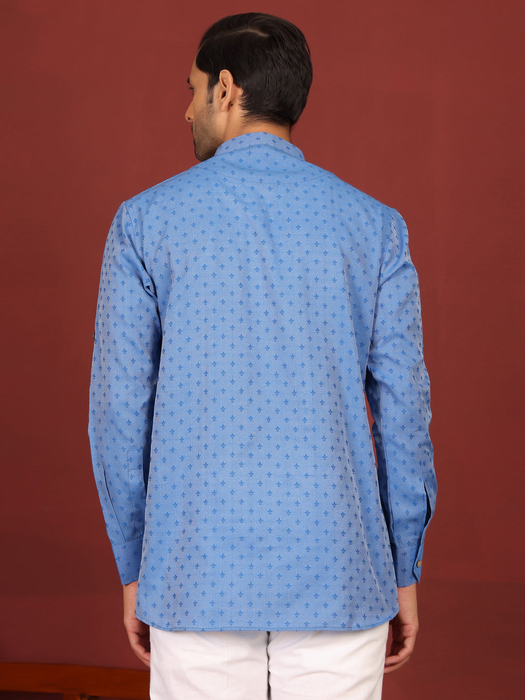 Blue Self Design Cotton Short Kurta
