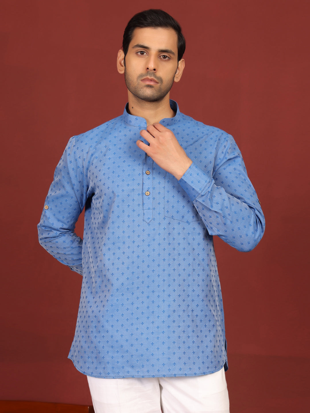 Blue Self Design Cotton Short Kurta