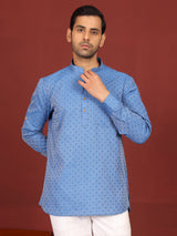 Blue Self Design Cotton Short Kurta
