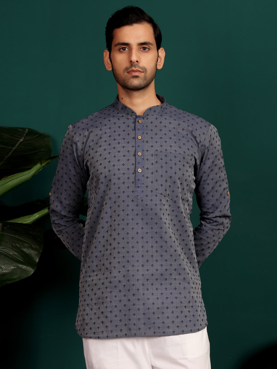 Navy Blue Self Design Cotton Short Kurta