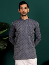 Navy Blue Self Design Cotton Short Kurta