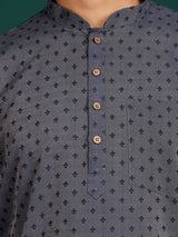 Navy Blue Self Design Cotton Short Kurta