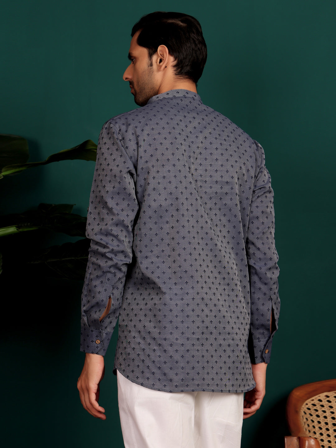 Navy Blue Self Design Cotton Short Kurta