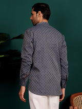 Navy Blue Self Design Cotton Short Kurta