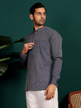 Navy Blue Self Design Cotton Short Kurta