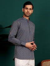 Navy Blue Self Design Cotton Short Kurta