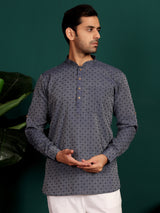Navy Blue Self Design Cotton Short Kurta