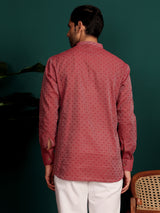 Red Self Design Cotton Short Kurta