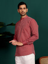 Red Self Design Cotton Short Kurta