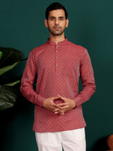 Red Self Design Cotton Short Kurta