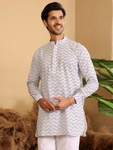 Off White - Black Thread Work Cotton Short Kurta