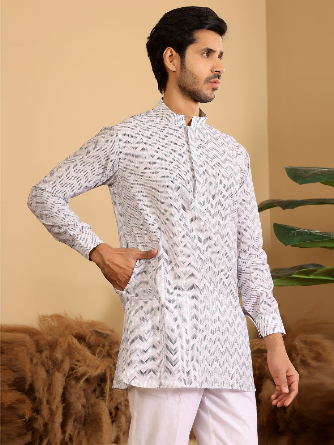Off White - Black Thread Work Cotton Short Kurta