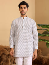 Off White - Black Thread Work Cotton Short Kurta