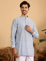 Light Blue-Black Thread Work Cotton Short Kurta