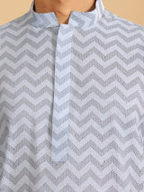 Light Blue-Black Thread Work Cotton Short Kurta