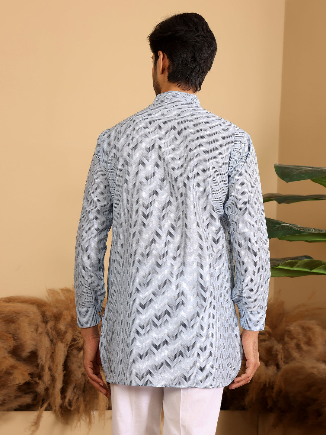 Light Blue-Black Thread Work Cotton Short Kurta