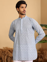 Light Blue-Black Thread Work Cotton Short Kurta