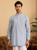Light Blue-Black Thread Work Cotton Short Kurta