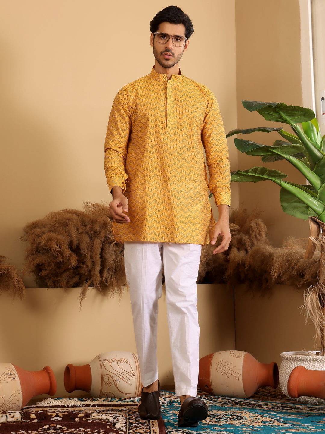 Mustard-Black Thread Work Cotton Short Kurta