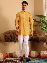 Mustard-Black Thread Work Cotton Short Kurta