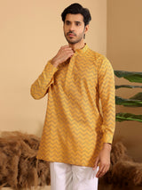 Mustard-Black Thread Work Cotton Short Kurta