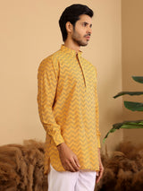 Mustard-Black Thread Work Cotton Short Kurta