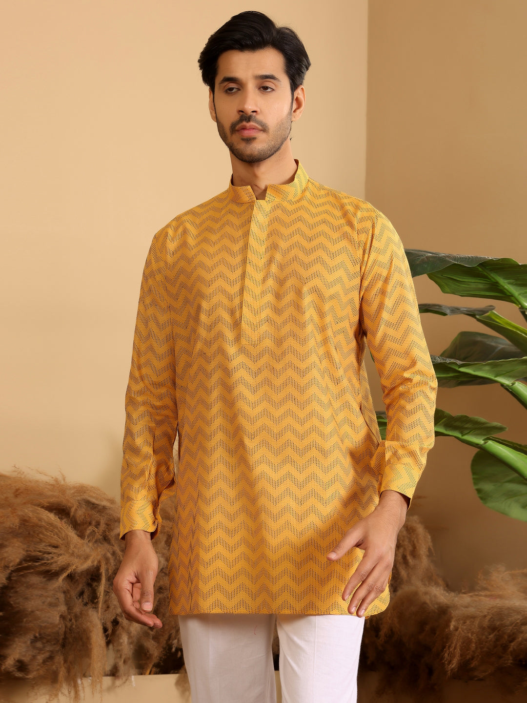 Mustard-Black Thread Work Cotton Short Kurta