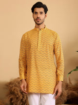 Mustard-Black Thread Work Cotton Short Kurta
