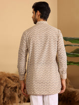 Beige-Black Thread Work Cotton Short Kurta